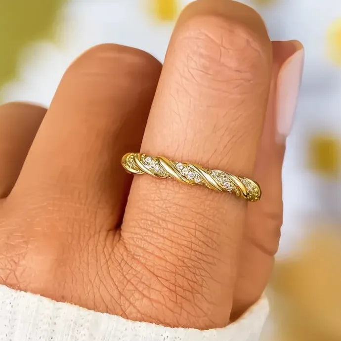 Two-Tone Twisty Geometric Ring with Cubic Zirconia for Women Brass Jewelry