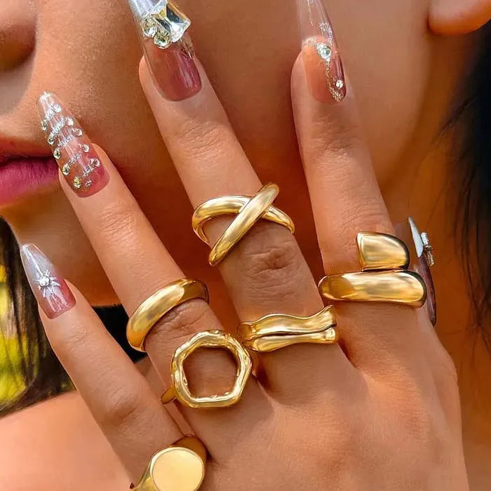 6Pcs Gold Geometric Open Mood Tracker Rings Set for Women Fashion Jewelry