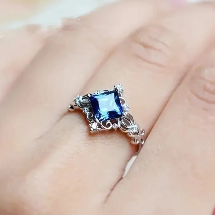 Blue Square Silver Color Wedding Rings for Women Luxury Engagement Jewelry