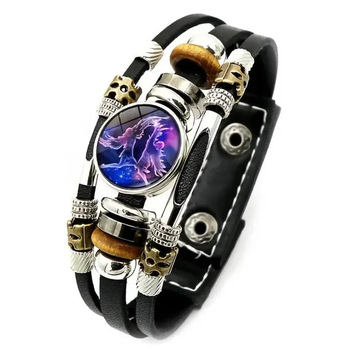 12 Constellation Zodiac Leather Bracelet with Glass Snap Button Unisex