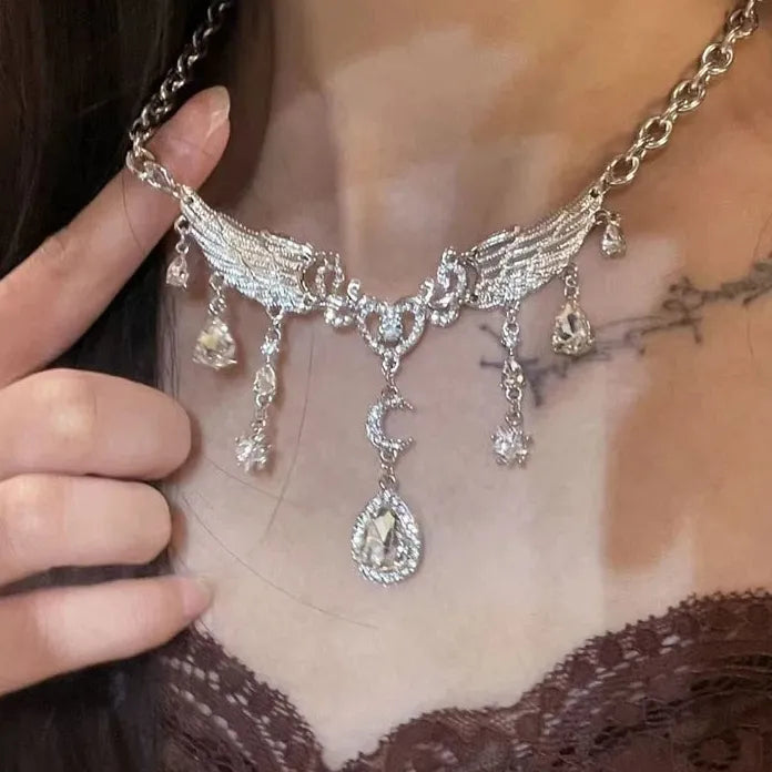 Silver Crystal Wing Moon Pendant Necklace for Women Zinc Alloy Jewelry