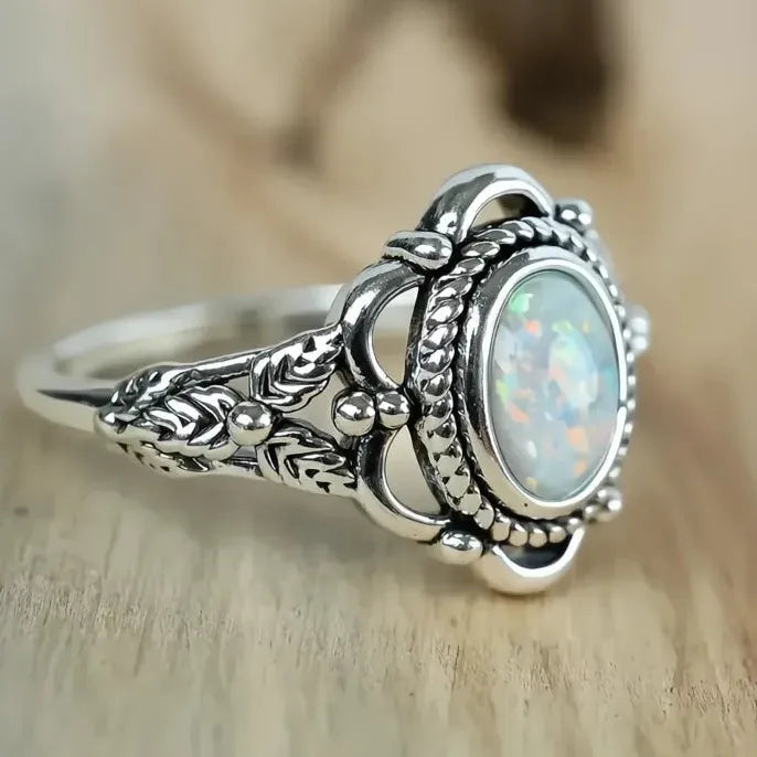 Vintage Brass Ring with Simulated Opal Plant Design Retro Party Jewelry for Women