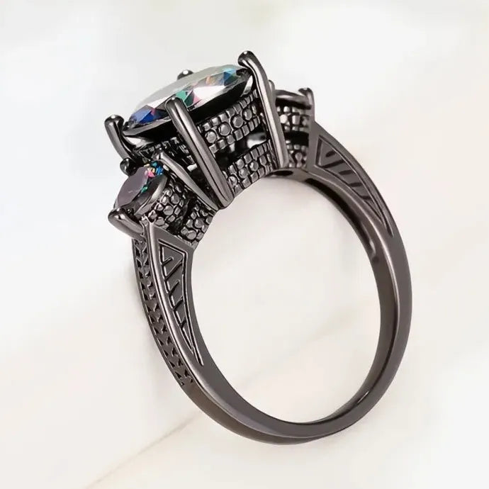 Black Cubic Zirconia Wedding Band Ring for Women Vintage Brass Finger Accessory