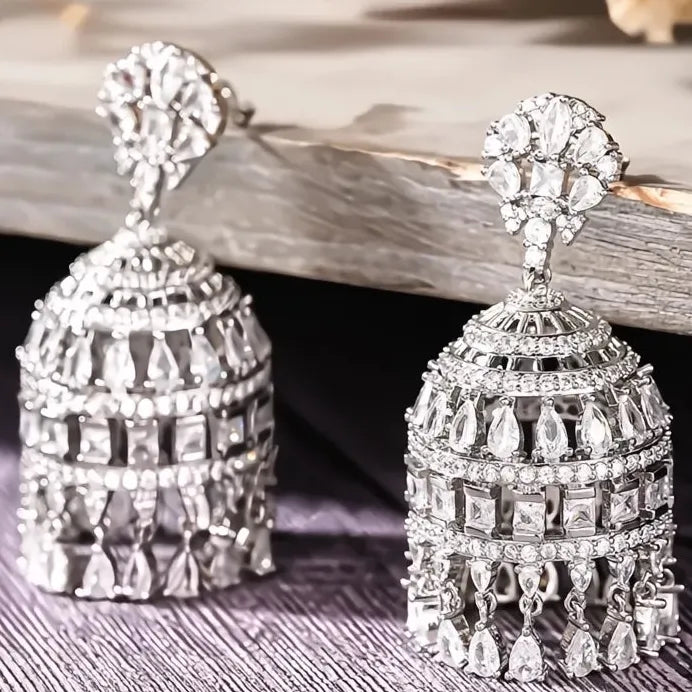 Geometric Silver Drop Earrings with Cubic Zirconia for Women Party Jewelry