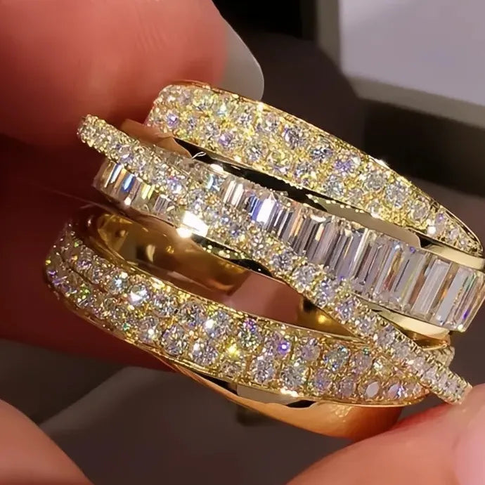 Luxury Gold Multi Cross CZ Brass Wedding Band Ring for Women Jewelry