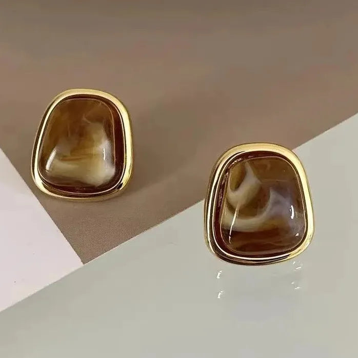 Vintage Tiger's Eye Stone Round U-Shaped Hoop Earrings for Women Jewelry