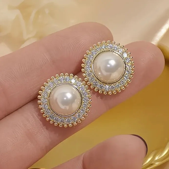 Geometric Pearl Stud Earrings with CZ Inlay for Wedding & Party Wear
