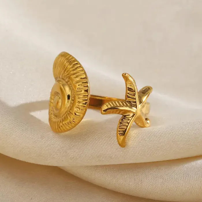 Boho Stainless Steel Sea Star Conch Open Ring Adjustable Men Women Beach Jewelry