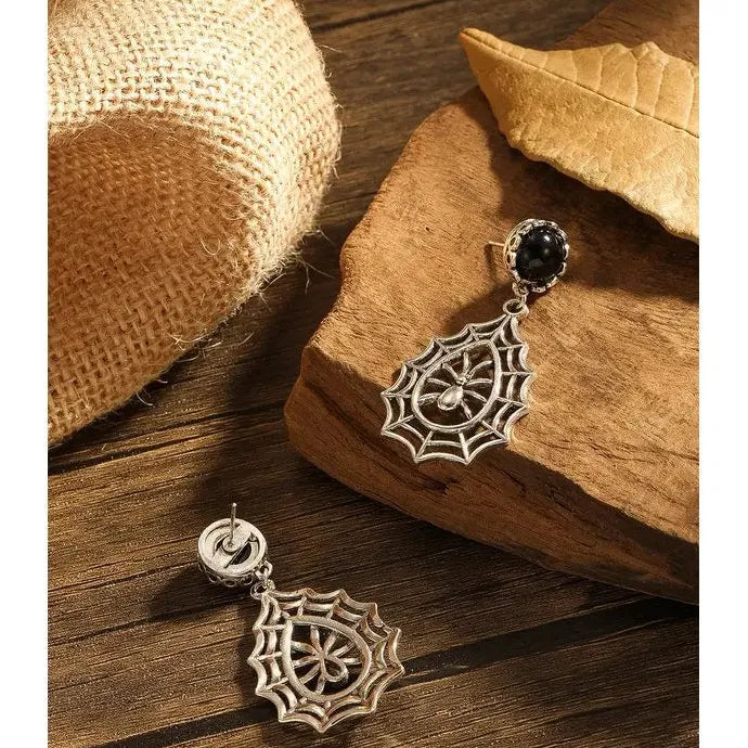 Vintage Spider Web Pendant Earrings Zinc Alloy Gothic Punk Halloween Gift