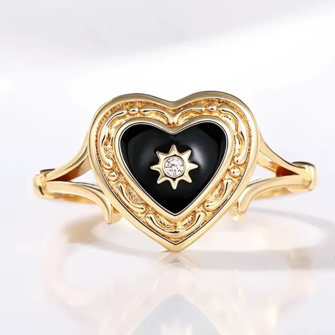 Black Heart Enamel Ring with Sun Design for Women Wedding Party Brass Cubic Zirconia