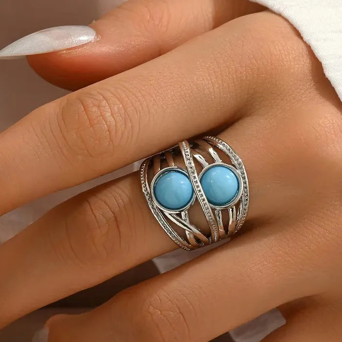 Vintage Bohemian Silver Zinc Alloy Synthetic Gemstone Ring Women’s Festival Jewelry