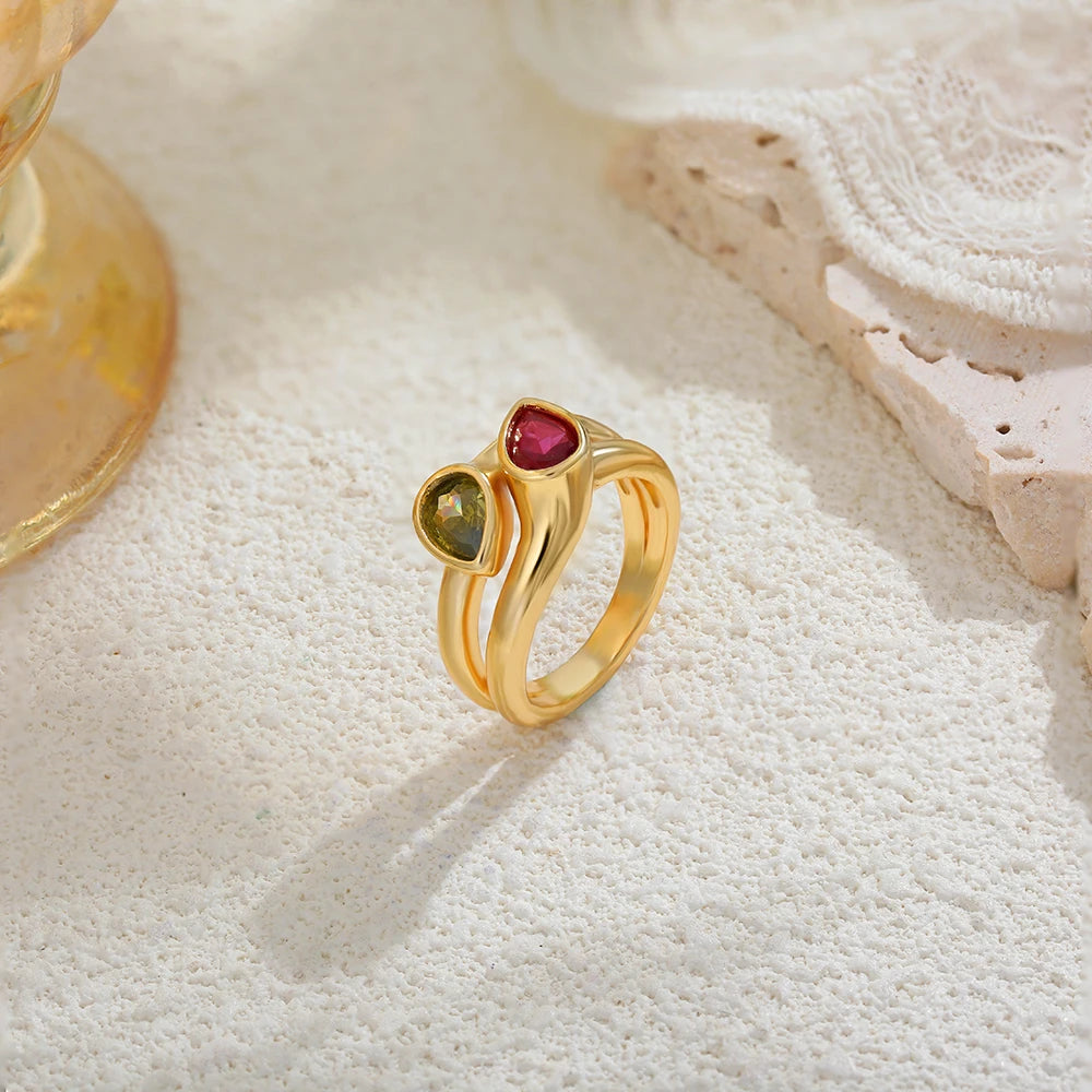 18K Gold Plated Double Circle Ring with Green Zircon Water Droplet for Women
