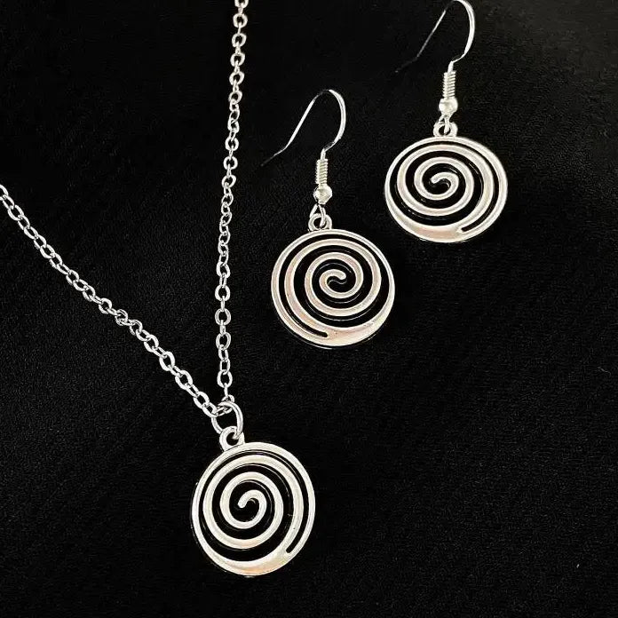 Vintage 90s Silver Spiral Vortex Jewelry Set Earrings and Necklace Women