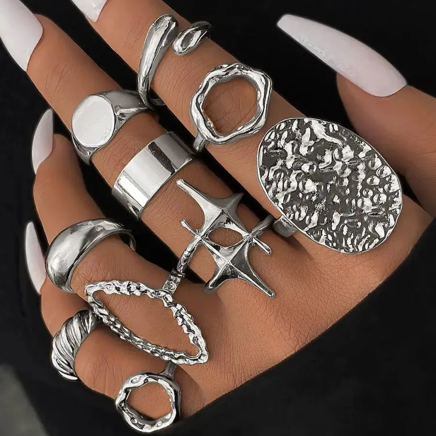 10Pcs Vintage Punk Gold Metal Star Open Rings for Women Party Jewelry Gift