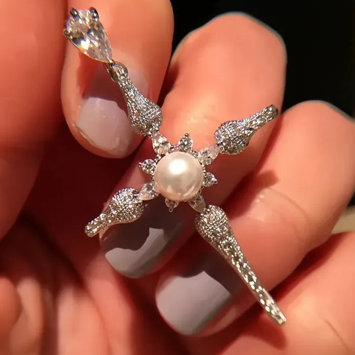 Luxury Cross Drop Earrings for Women with Zirconia and Pearl Accents
