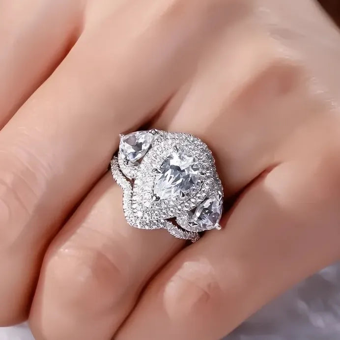 Opulent 3Pc Cubic Zirconia Bridal Wedding Ring Set with Geometric Design