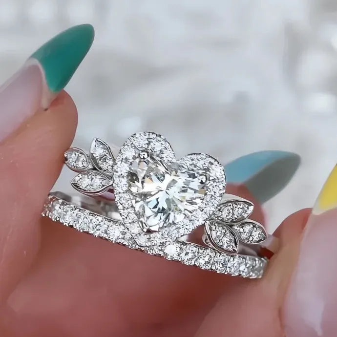 2Pcs Heart Rings Set Cubic Zirconia Brass Promise Wedding Jewelry for Women