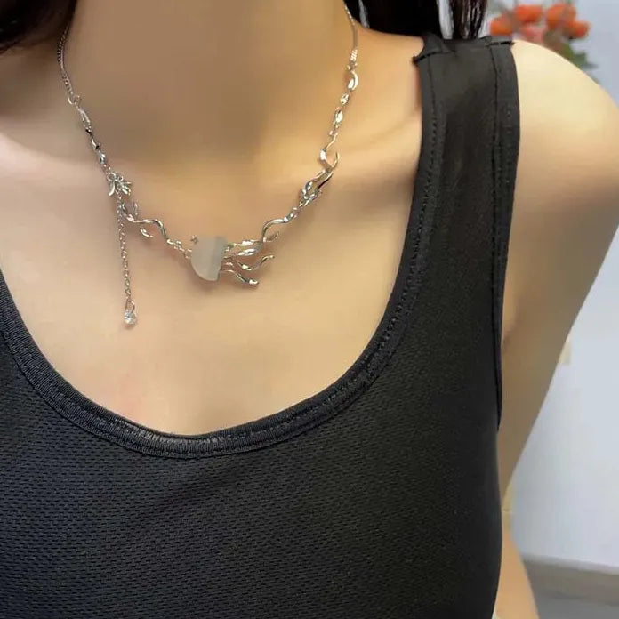 Gothic Silver Jellyfish Pendant Necklace Women Y2K Tassel Chain Choker Jewelry