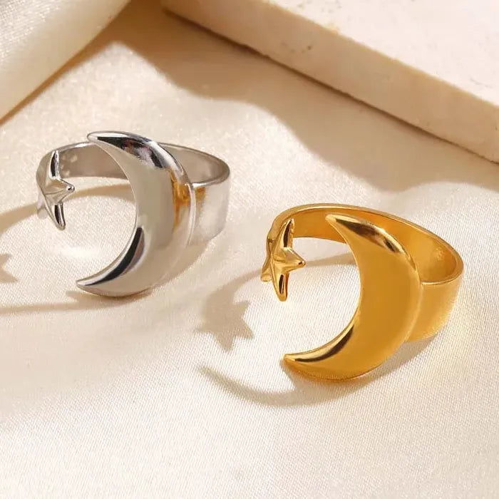 Adjustable Stainless Steel Gold Star Moon Ring for Women Celestial Gift
