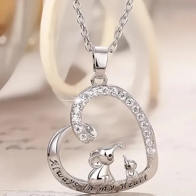 Heart-Shaped Elephant Love Pendant Necklace with CZ Copper Alloy Gift