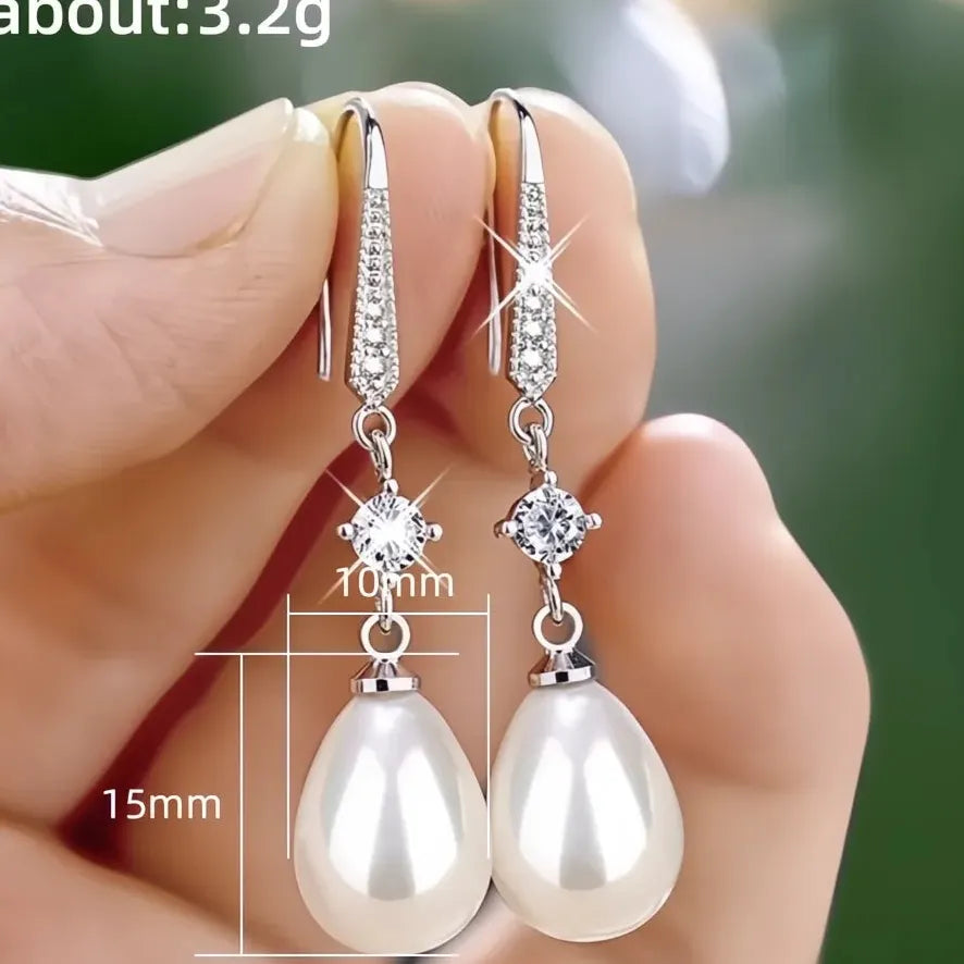 Geometric White Imitation Pearl Cubic Zirconia Drop Earrings Bridal Gift