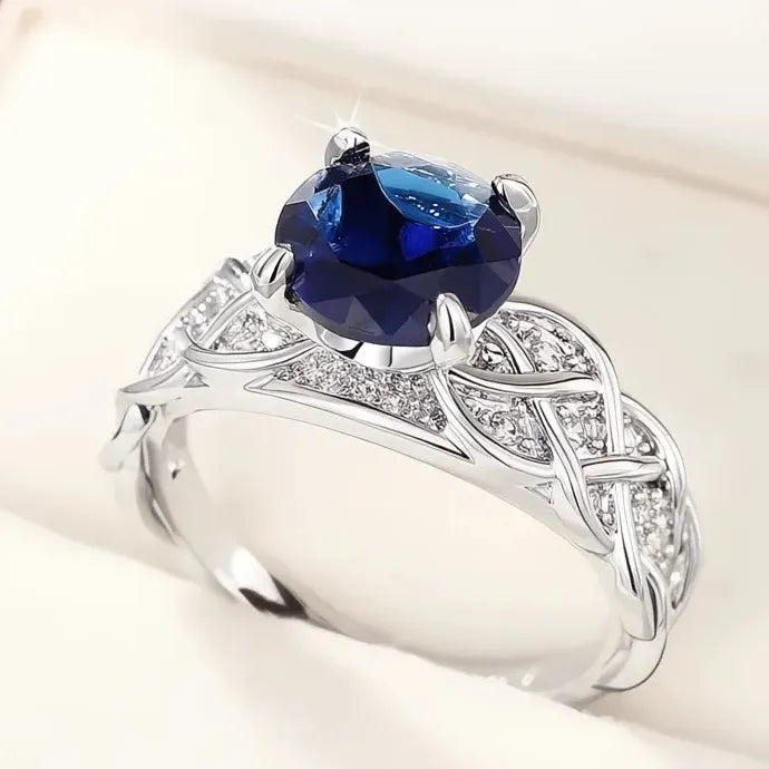 Elegant Silver Brass Women’s Blue CZ Geometric Ring Wedding Party Jewelry Gift
