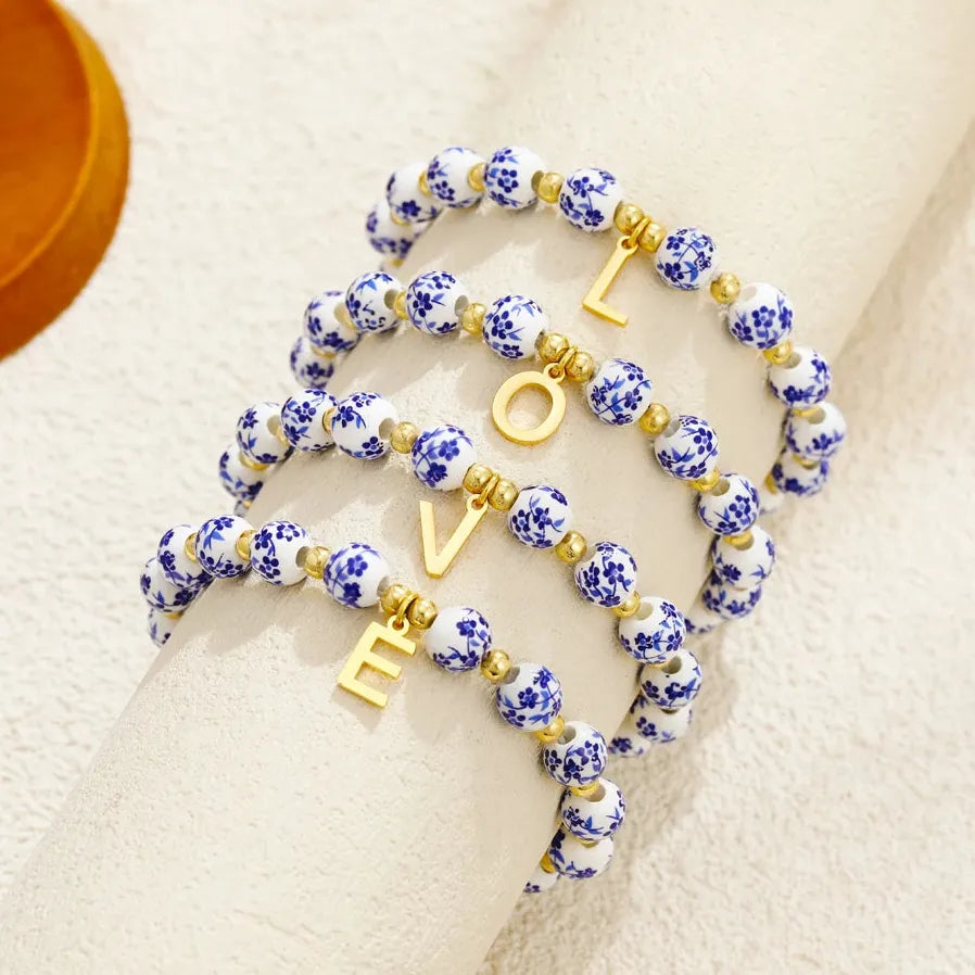 2 Pcs Handmade Blue White Porcelain Letter B Elastic Beaded Bracelet Jewelry Gift