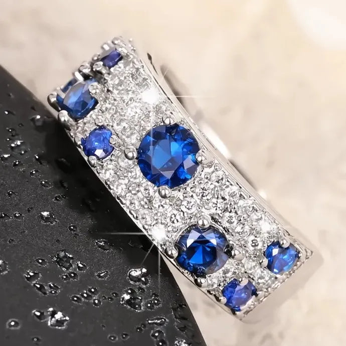 Blue White CZ Geometric Brass Wedding Engagement Ring for Women