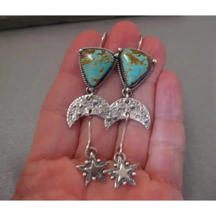 Bohemian Retro Triangle Blue Green Stone Earrings Zinc Alloy Star Moon Pendant