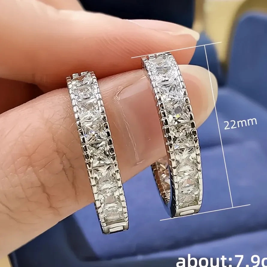 Luxury Silver Color Geometric Square Cubic Zirconia Hoop Earrings for Women