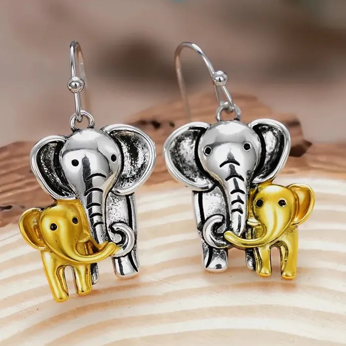 Vintage Brass Mother and Baby Elephant Dangle Earrings for Women Gift