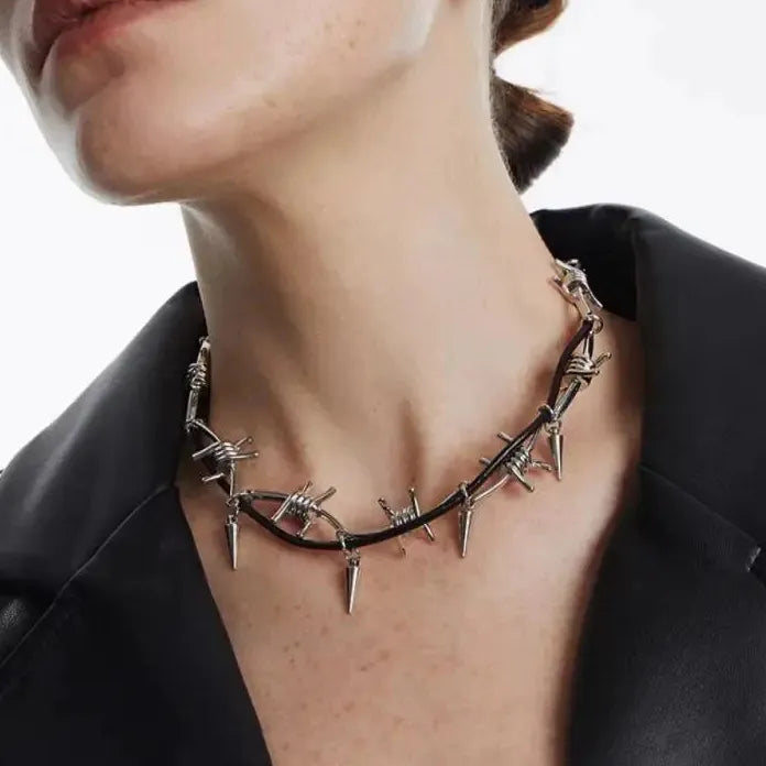Stainless Steel Gothic Barbed Wire Rivet Double Layer Necklace for Men Women