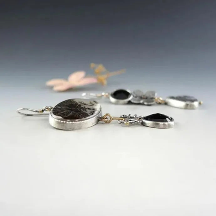 Vintage Asymmetrical Water Drop Flower Earrings Black Stone Zinc Alloy Metal