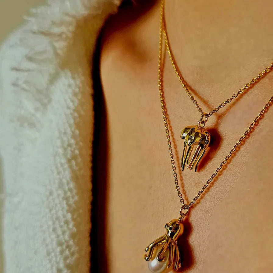 18K Gold Plated Octopus Pearl Necklace Ocean Jewelry Dainty Choker Pendant