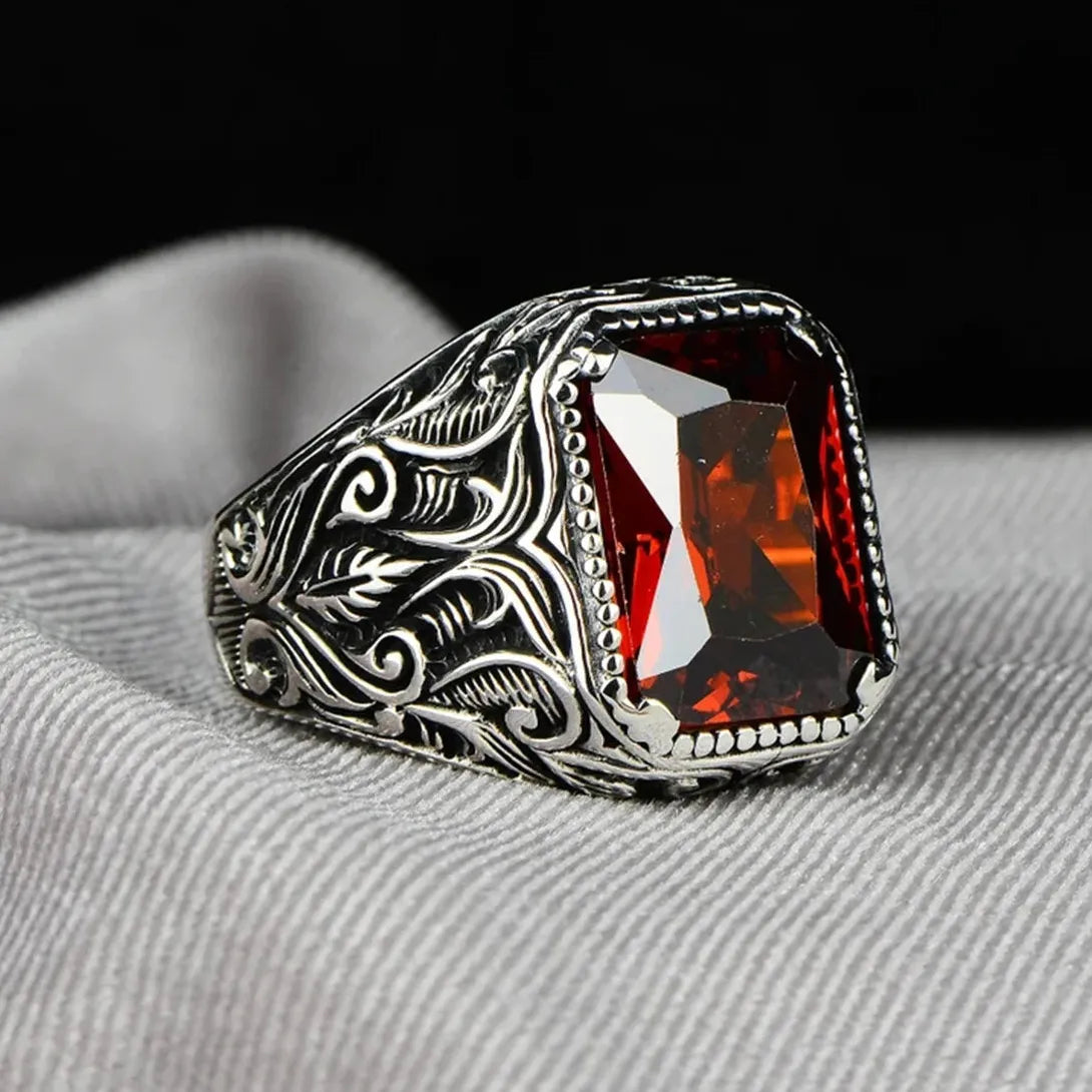 Vintage Handmade Turkish Silver Signet Ring Unisex Red Yellow Zircon Inlay Punk Biker