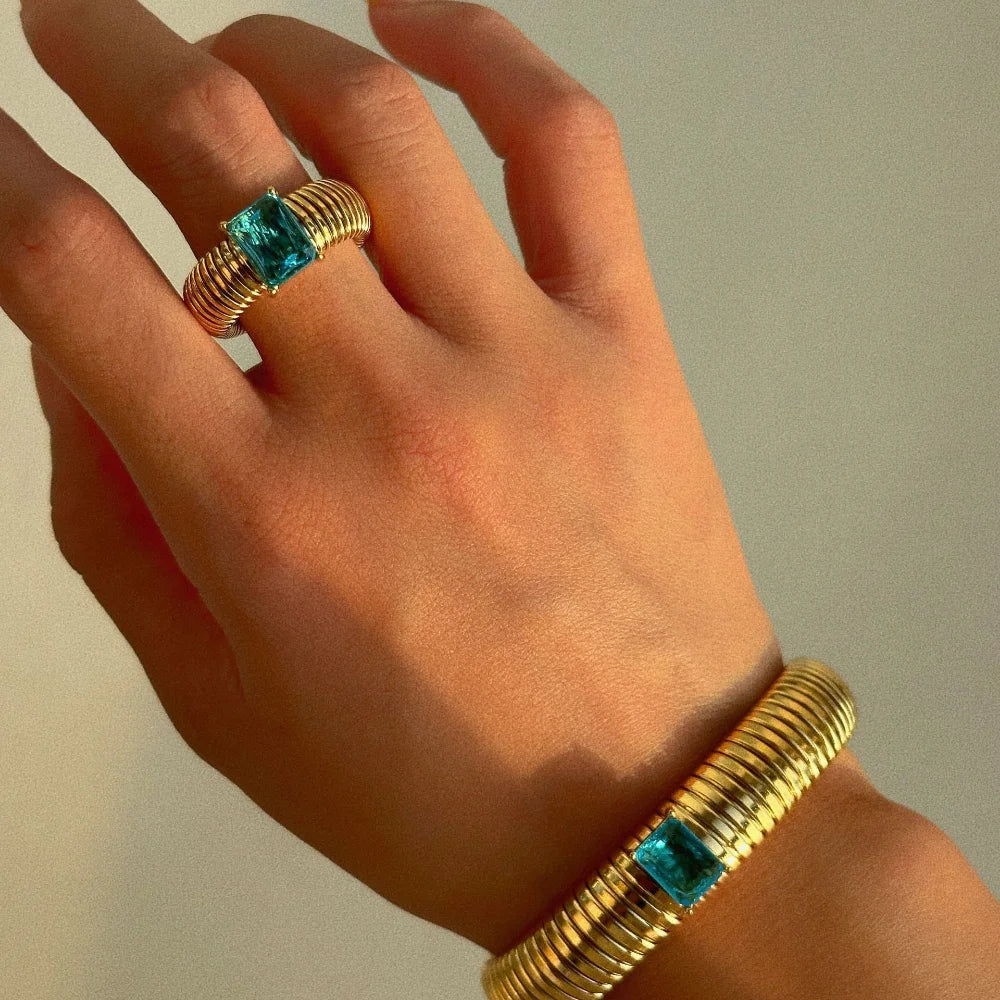 Punk Multicolor Crystal Ring for Women 18K Gold Plated Waterproof Thick Square Ring