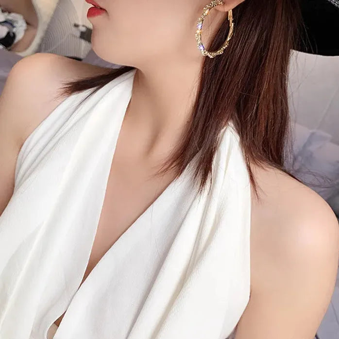 Copper Alloy Round Hoop Rhinestone Earrings for Women Statement Jewelry Gift