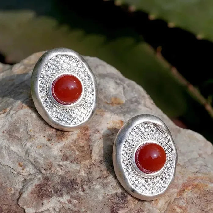 Copper Round Stud Earrings for Women Handcrafted Vintage Textured Jewelry Gift