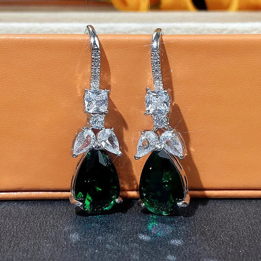 White Green AAA Cubic Zirconia Water Droplet Pendant Earrings for Women
