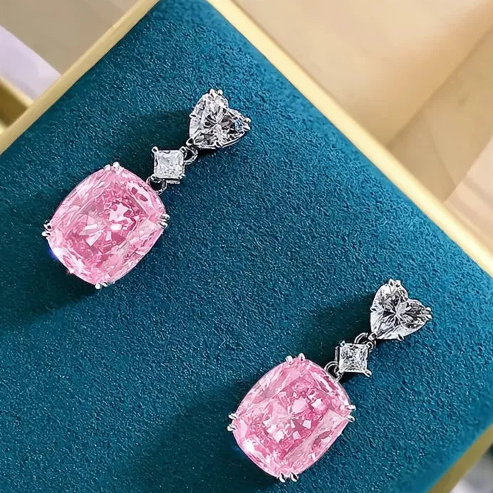 Luxury Bright Pink Geometric CZ Drop Earrings Bridal Wedding Jewelry