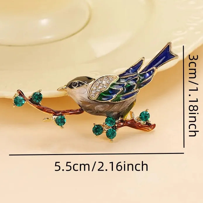 Vintage Magpie Bird Brooch Enamel Rhinestone Flower Pin for Women