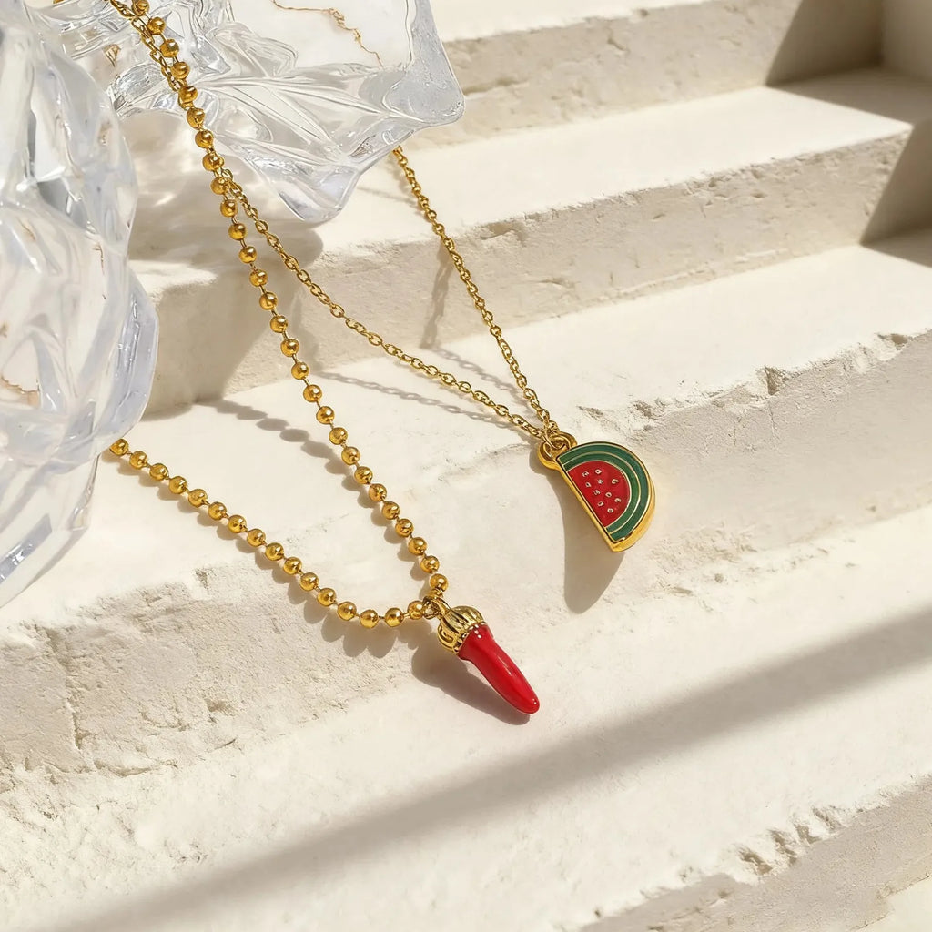 18k Gold Plated Stainless Steel Fruit Pendant Necklace Red Pepper Cherry Choker Necklace
