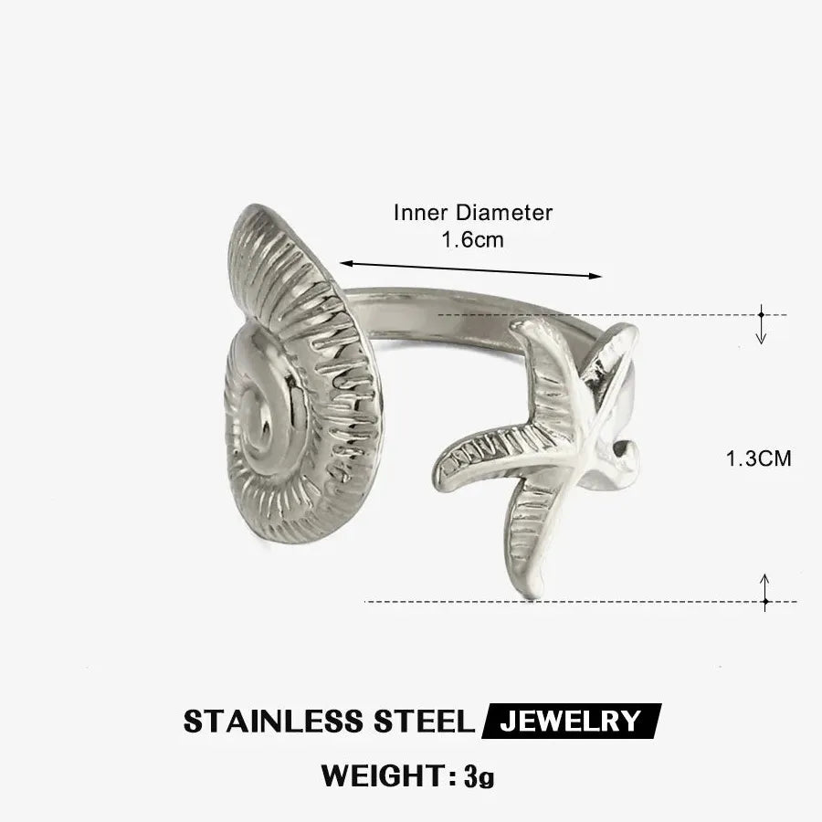 Boho Stainless Steel Sea Star Conch Open Ring Adjustable Men Women Beach Jewelry