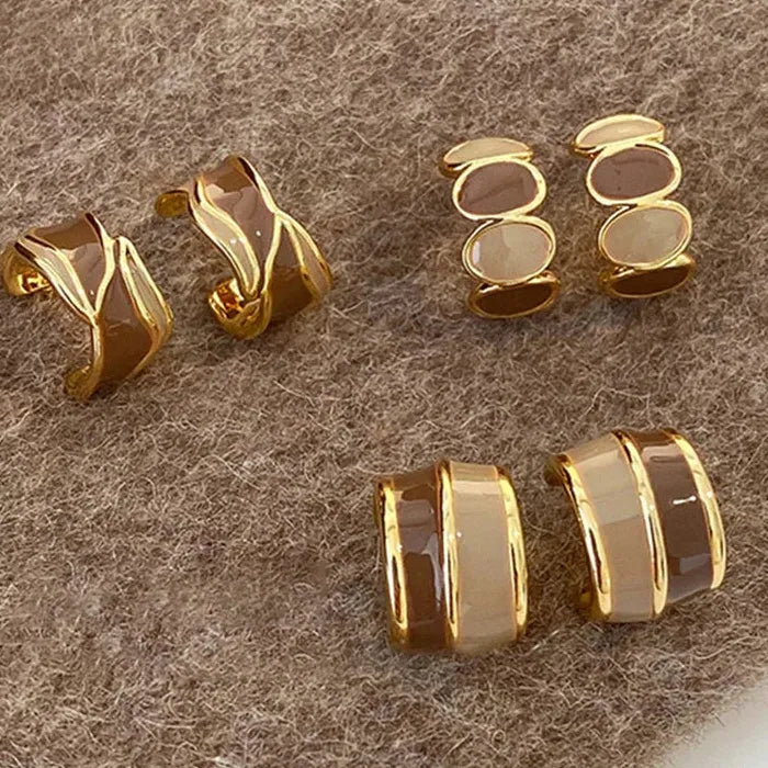Vintage Brown Resin C-Shape Enamel Stud Earrings for Women Metal Jewelry