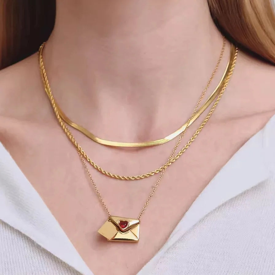 18K Gold Plated Stainless Steel Heart Envelope Pendant Necklace for Women Jewelry