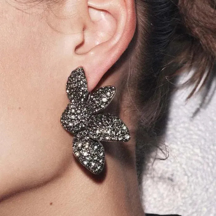 Vintage Black Zircon Crystal Plant Stud Earrings for Women Nature Jewelry