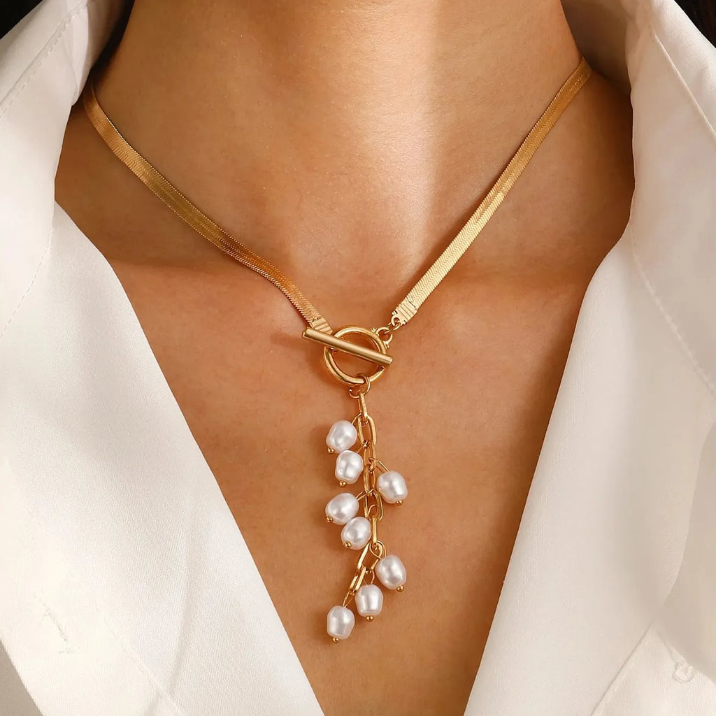 Stainless Steel Snake Bone Necklace Long Tassel Pearl Jewelry Gift