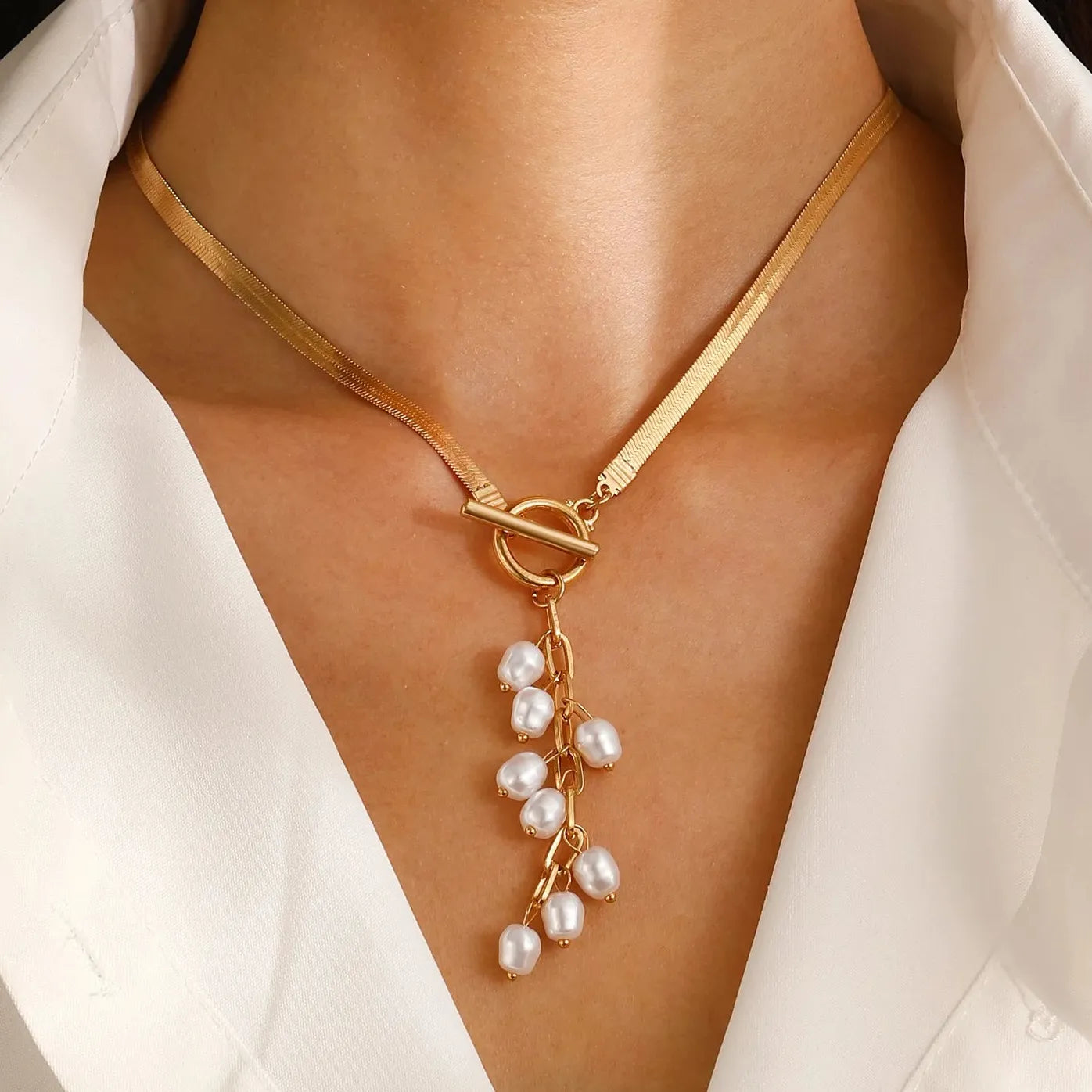Stainless Steel Snake Bone Necklace Long Tassel Pearl Jewelry Gift