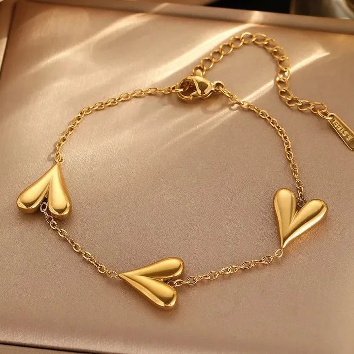 Stainless Steel Gold Heart Pendant Bracelet Women Metal Beaded Bangle Jewelry