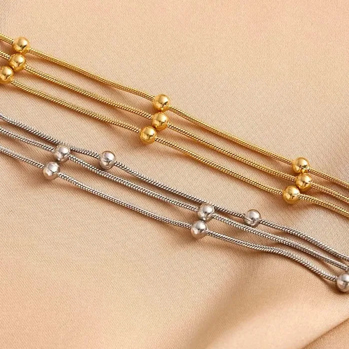 Stainless Steel Gold Beaded Round Multilayer Chain Bracelet for Women Fashion Jewelry